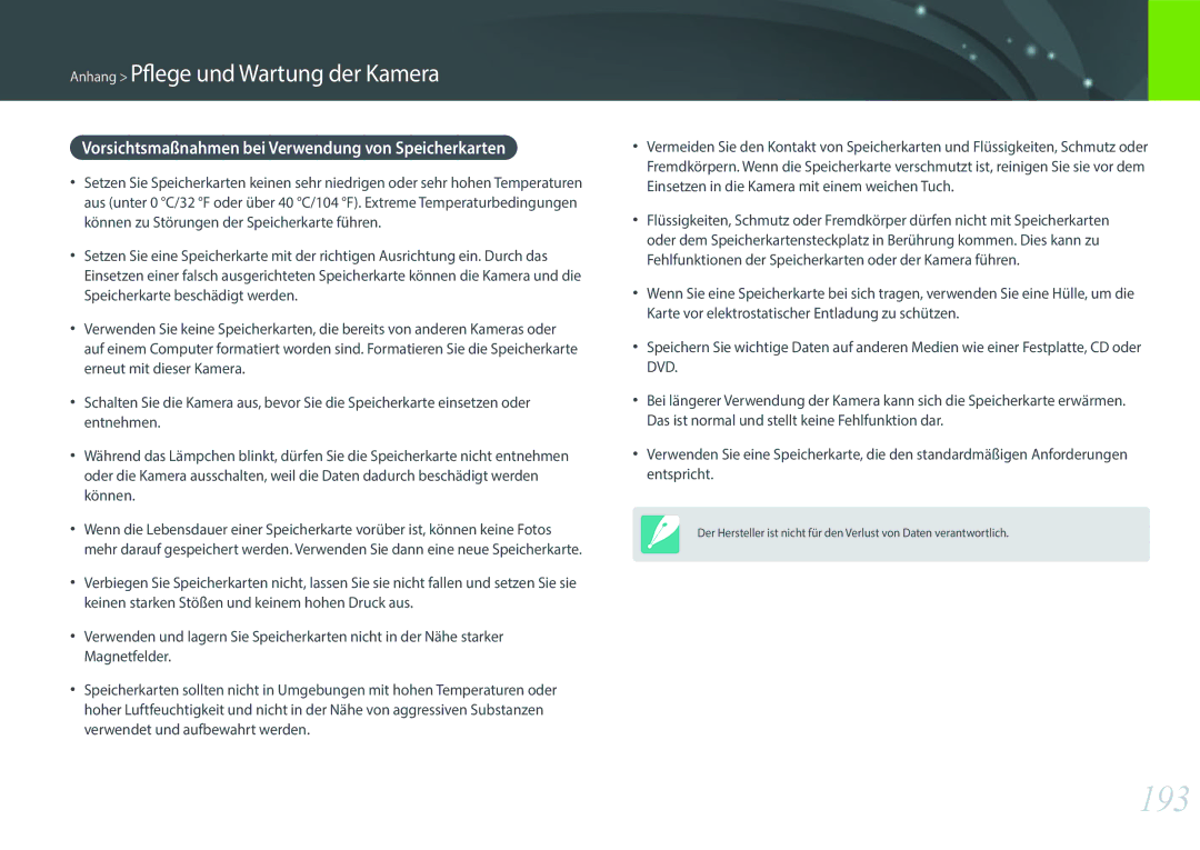 Samsung EV-NX500ZBMICH, EV-NX500ZBMIFR, EV-NX500ZBNIDE manual 193, Vorsichtsmaßnahmen bei Verwendung von Speicherkarten 