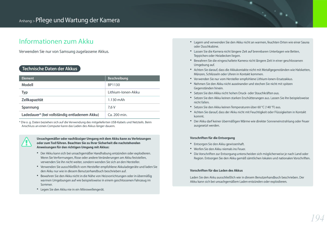 Samsung EV-NX500ZBMHFR, EV-NX500ZBMIFR, EV-NX500ZBNIDE manual 194, Informationen zum Akku, Technische Daten der Akkus 
