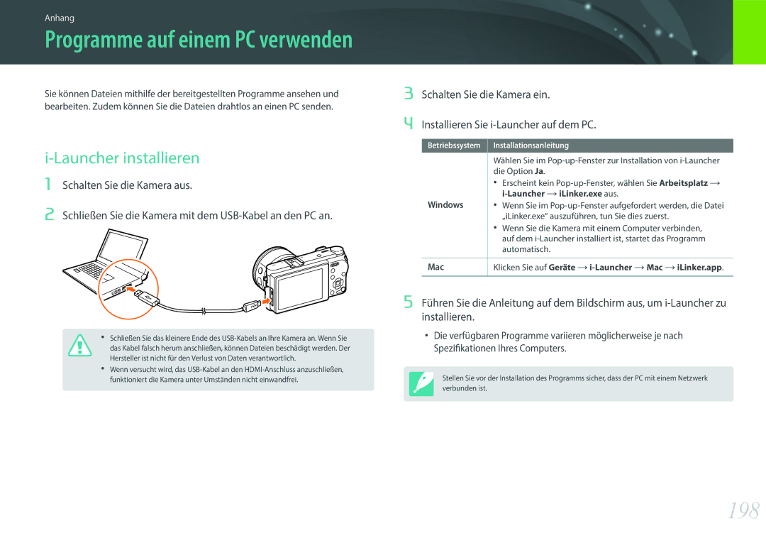 Samsung EV-NX500ZBMIDE, EV-NX500ZBMIFR 198, Launcher installieren, Installieren Sie i-Launcher auf dem PC, Windows, Mac 