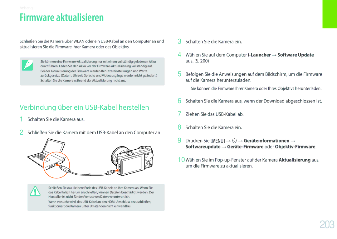 Samsung EV-NX500ZBNIDE manual Firmware aktualisieren, 203, Verbindung über ein USB-Kabel herstellen, Geräteinformationen 