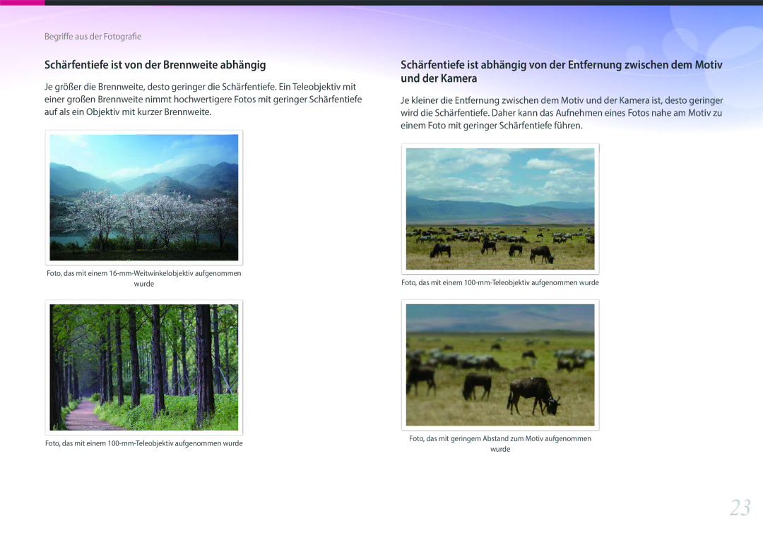 Samsung EV-NX500ZBMIDE, EV-NX500ZBMIFR, EV-NX500ZBNIDE, EV-NX500ZBMJDE manual Schärfentiefe ist von der Brennweite abhängig 