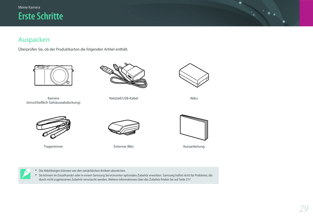 Samsung EV-NX500ZBMJDE manual Erste Schritte, Auspacken, Netzteil/USB-Kabel Akku, Trageriemen Externer Blitz Kurzanleitung 