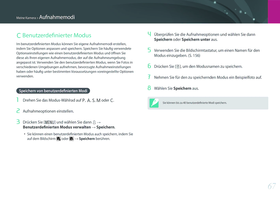 Samsung EV-NX500ZBMICH, EV-NX500ZBMIFR, EV-NX500ZBNIDE Benutzerdefinierter Modus, Speichern von benutzerdefinierten Modi 