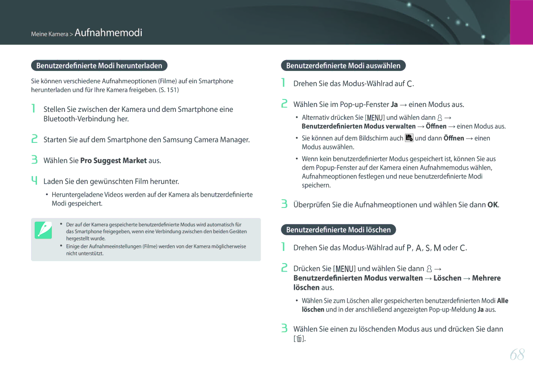 Samsung EV-NX500ZBMHFR manual Benutzerdefinierte Modi herunterladen, Wählen Sie Pro Suggest Market aus, Löschen aus 