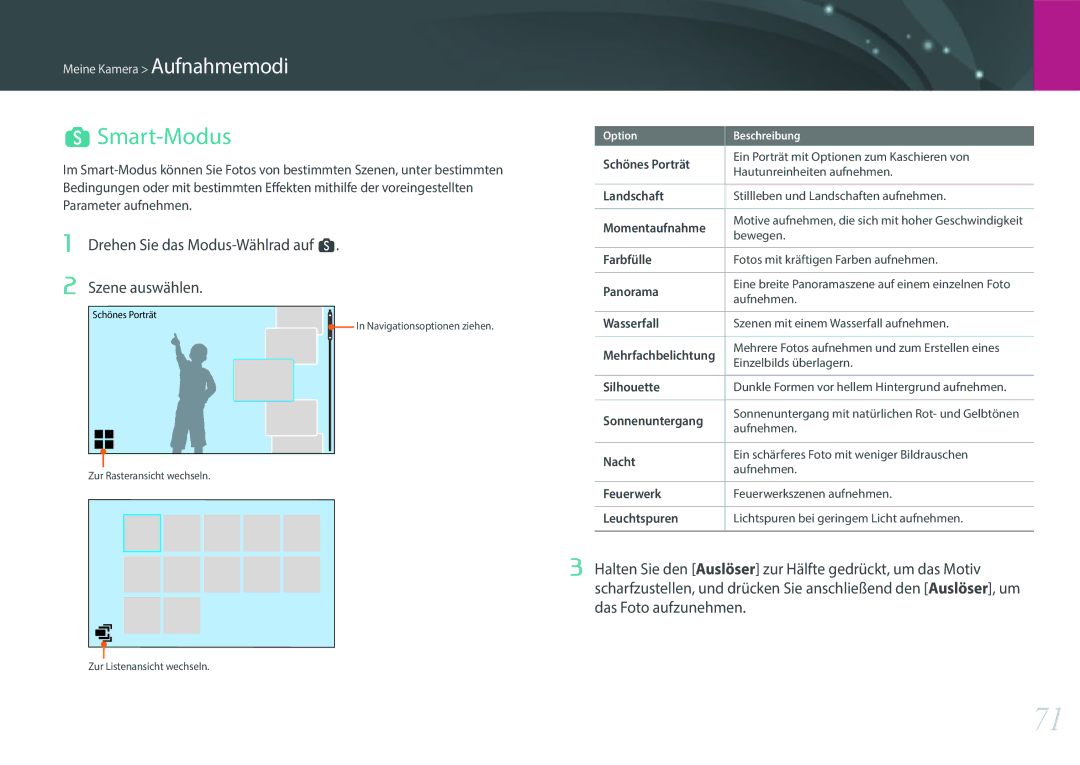 Samsung EV-NX500ZBMJDE, EV-NX500ZBMIFR, EV-NX500ZBNIDE manual Smart-Modus, Drehen Sie das Modus-Wählrad auf s Szene auswählen 
