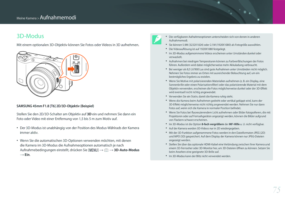 Samsung EV-NX500ZBMHFR, EV-NX500ZBMIFR, EV-NX500ZBNIDE manual 3D-Modus, Samsung 45mm F1.8 T6 2D/3D-Objektiv Beispiel 