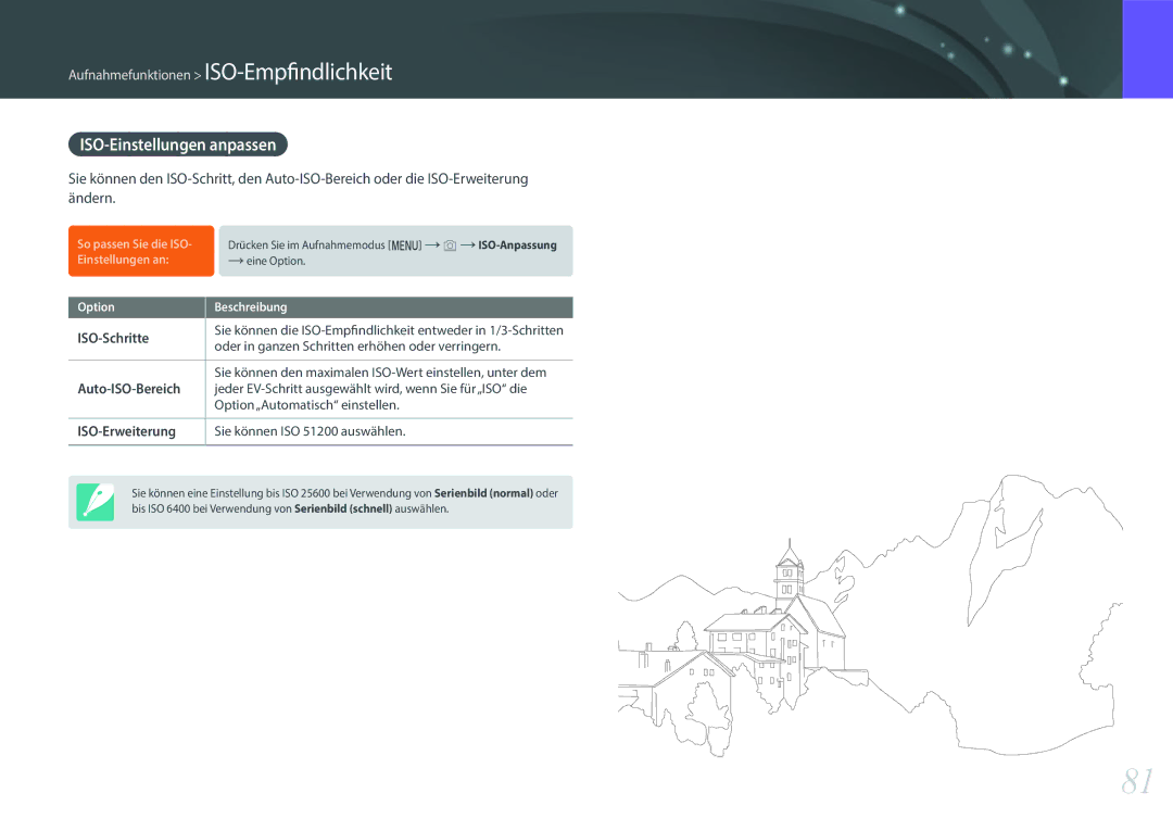 Samsung EV-NX500ZBMICH, EV-NX500ZBMIFR manual ISO-Einstellungen anpassen, ISO-Schritte, Auto-ISO-Bereich, ISO-Erweiterung 