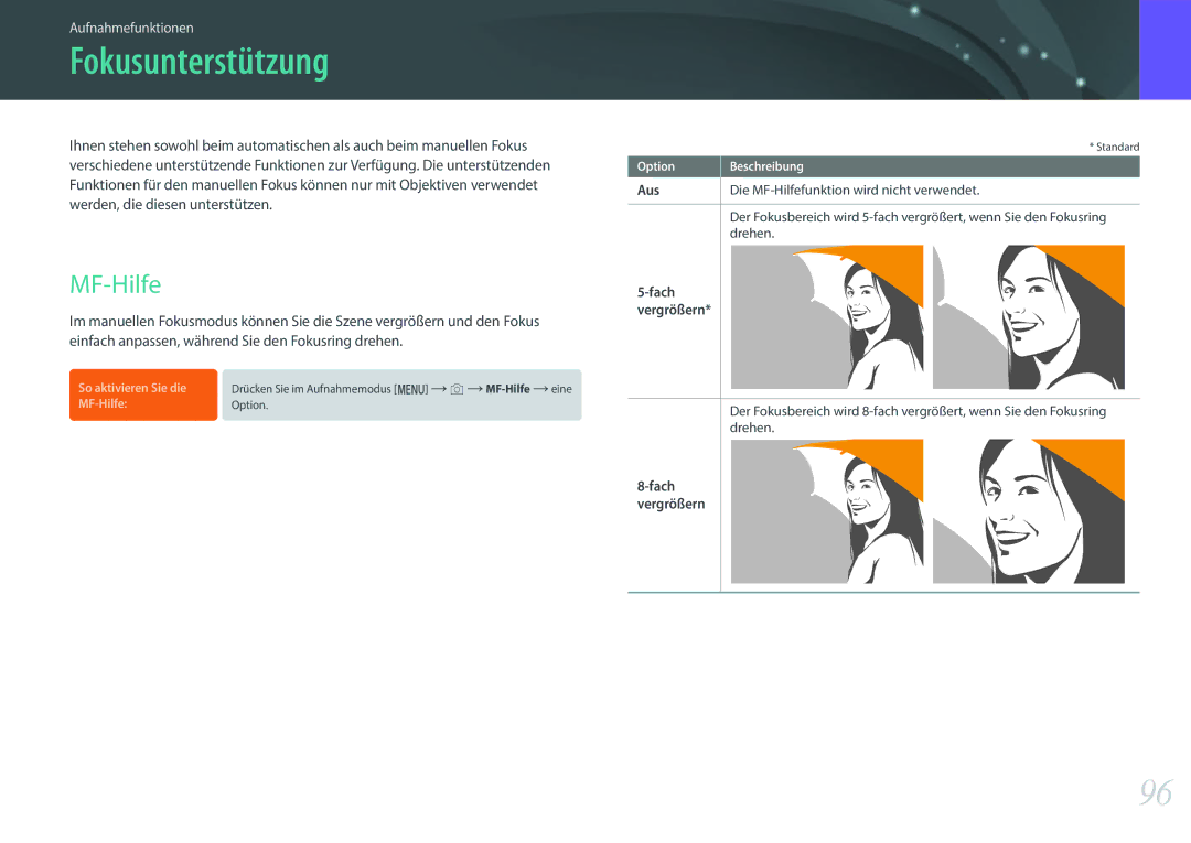 Samsung EV-NX500ZBMHFR, EV-NX500ZBMIFR, EV-NX500ZBNIDE, EV-NX500ZBMJDE, EV-NX500ZBMIDE manual Fokusunterstützung, MF-Hilfe 