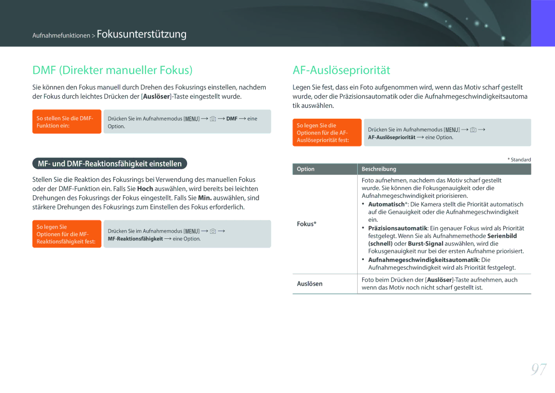 Samsung EV-NX500ZBMIFR manual DMF Direkter manueller Fokus, AF-Auslösepriorität, MF- und DMF-Reaktionsfähigkeit einstellen 