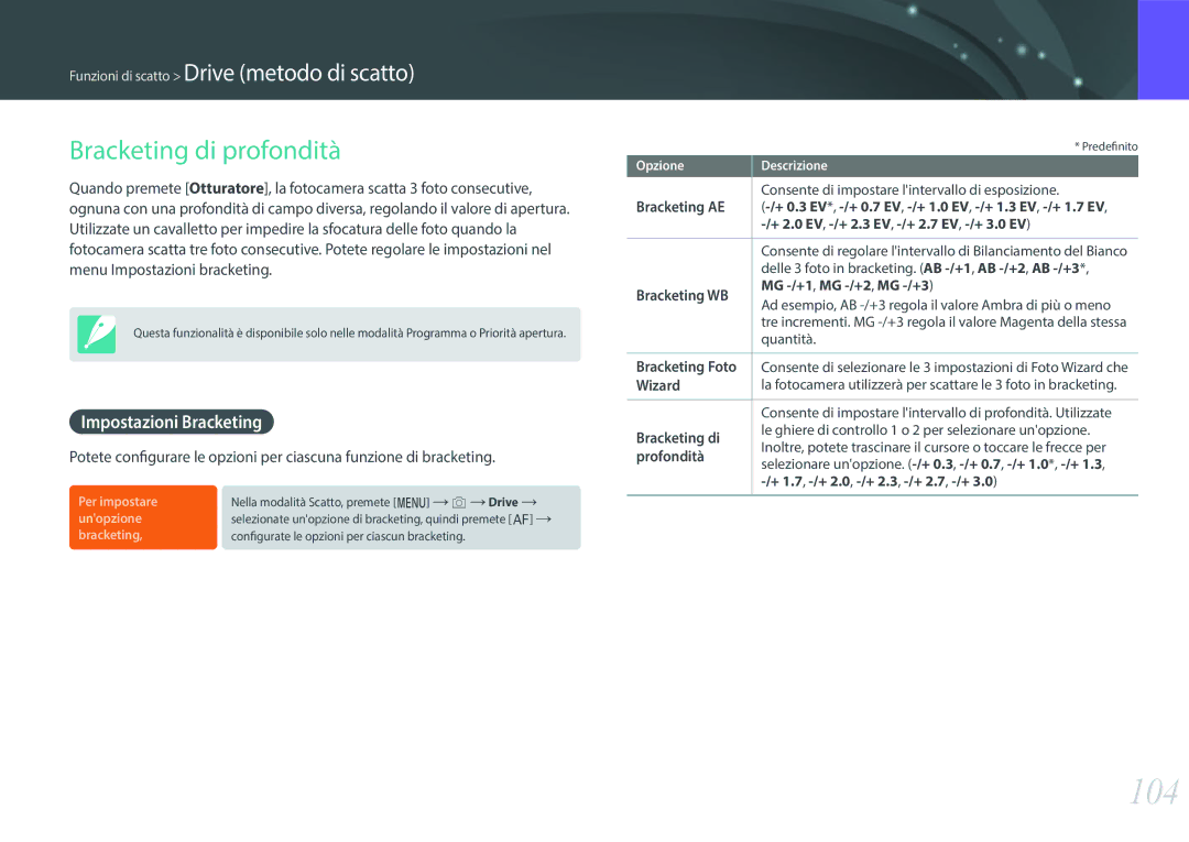 Samsung EV-NX500ZBMIIT manual 104, Bracketing di profondità, Impostazioni Bracketing 