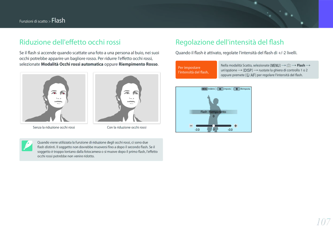 Samsung EV-NX500ZBMIIT manual 107, Riduzione delleffetto occhi rossi, Regolazione dellintensità del flash 