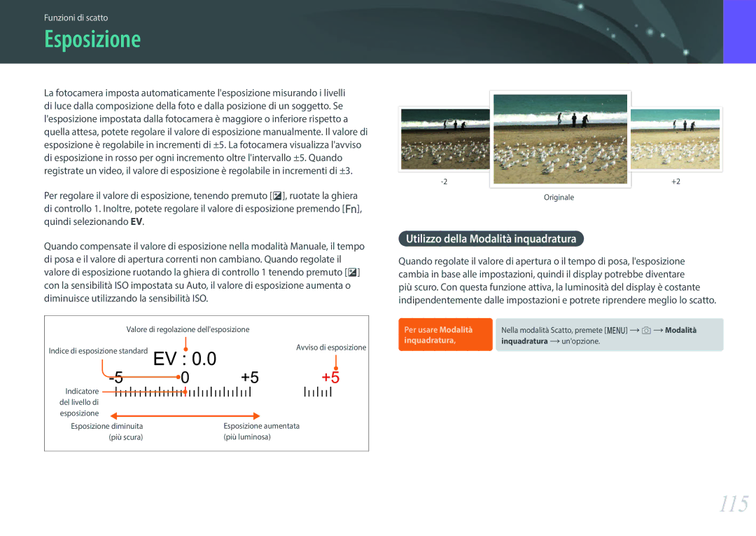 Samsung EV-NX500ZBMIIT manual Esposizione, 115, Utilizzo della Modalità inquadratura 