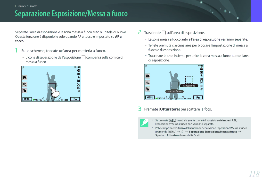 Samsung EV-NX500ZBMIIT manual 118, Sullo schermo, toccate unarea per metterla a fuoco, Trascinate sullarea di esposizione 