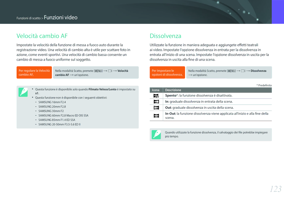 Samsung EV-NX500ZBMIIT manual 123, Velocità cambio AF, Dissolvenza 