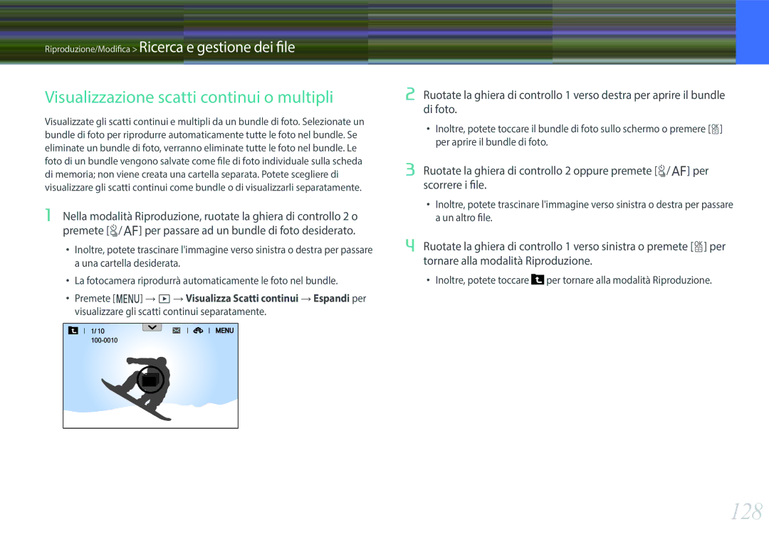 Samsung EV-NX500ZBMIIT manual 128, Visualizzazione scatti continui o multipli 