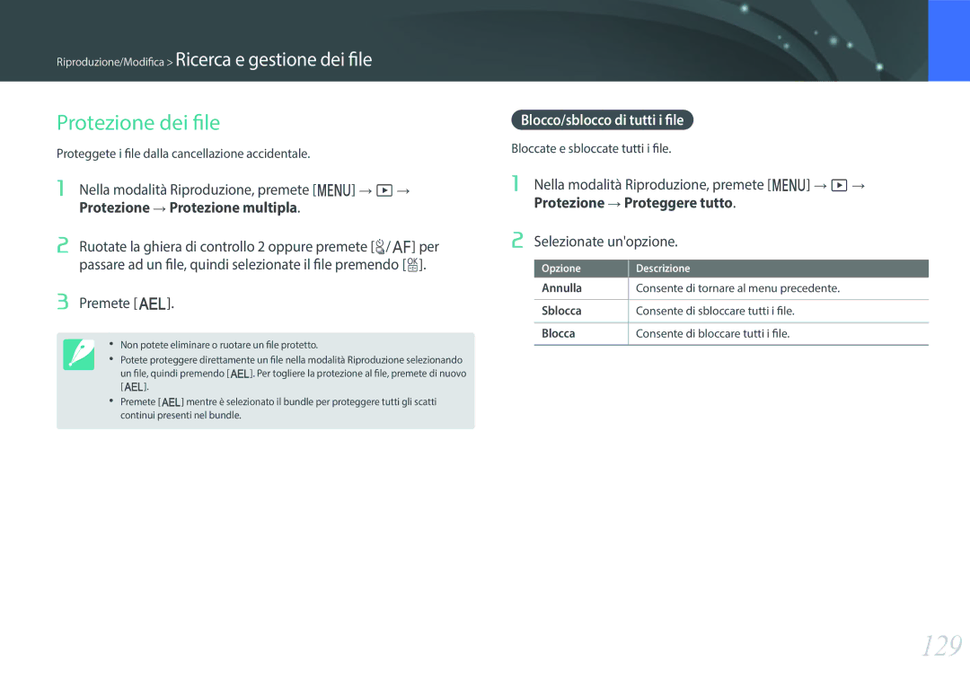 Samsung EV-NX500ZBMIIT manual 129, Protezione dei file, Protezione Protezione multipla, Blocco/sblocco di tutti i file 