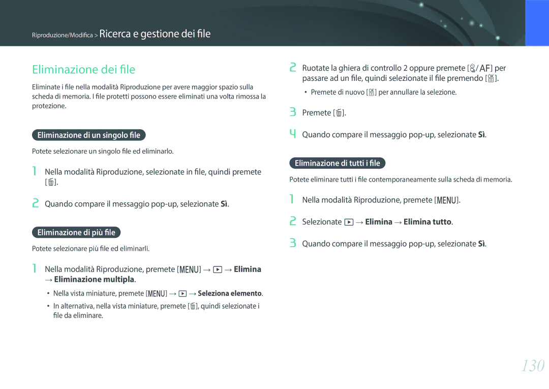 Samsung EV-NX500ZBMIIT manual 130, Eliminazione dei file, Eliminazione di un singolo file, Eliminazione di più file 