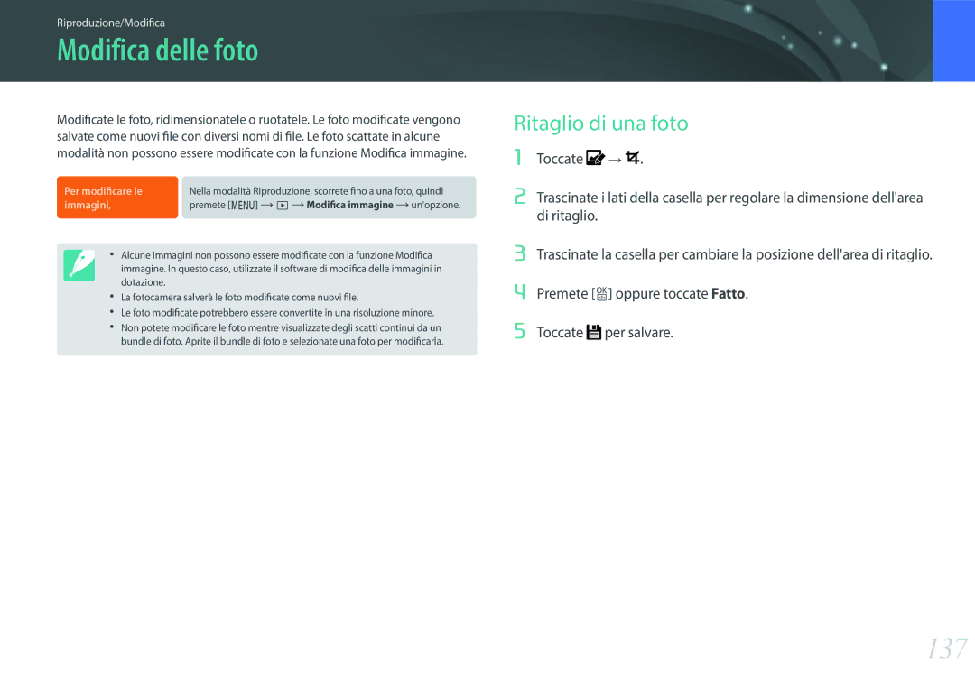 Samsung EV-NX500ZBMIIT manual Modifica delle foto, 137, Ritaglio di una foto, Di ritaglio, Premete o oppure toccate Fatto 
