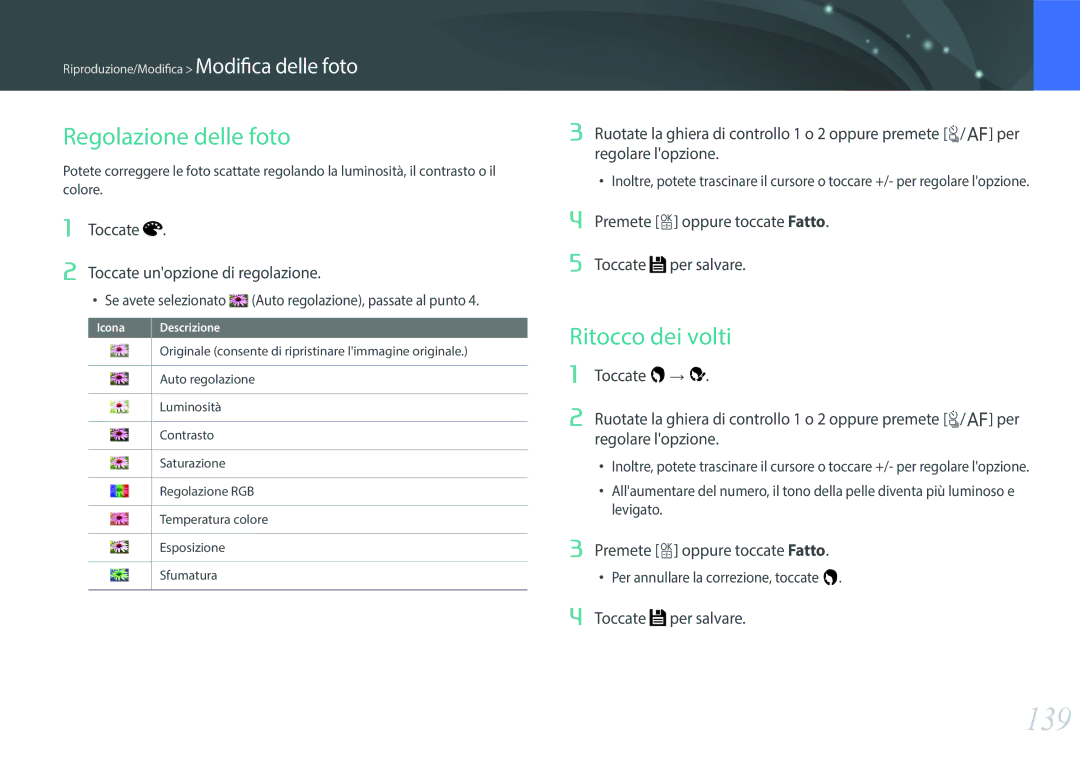 Samsung EV-NX500ZBMIIT manual 139, Toccate →, Regolare lopzione 