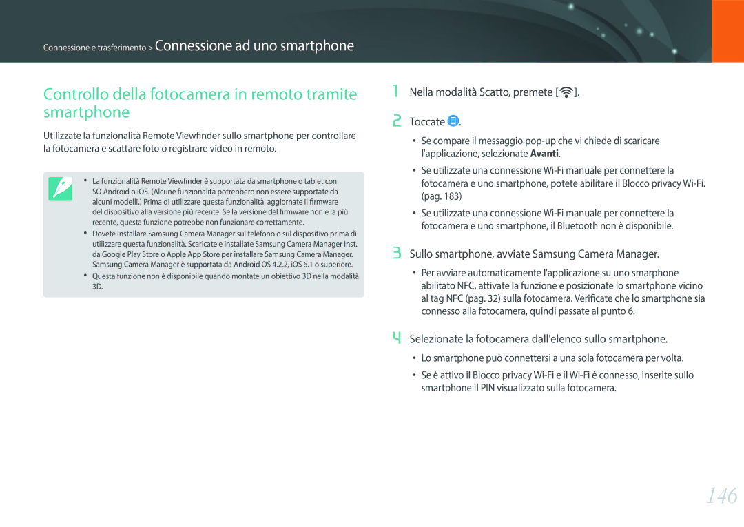 Samsung EV-NX500ZBMIIT manual 146, Controllo della fotocamera in remoto tramite smartphone, Toccate 