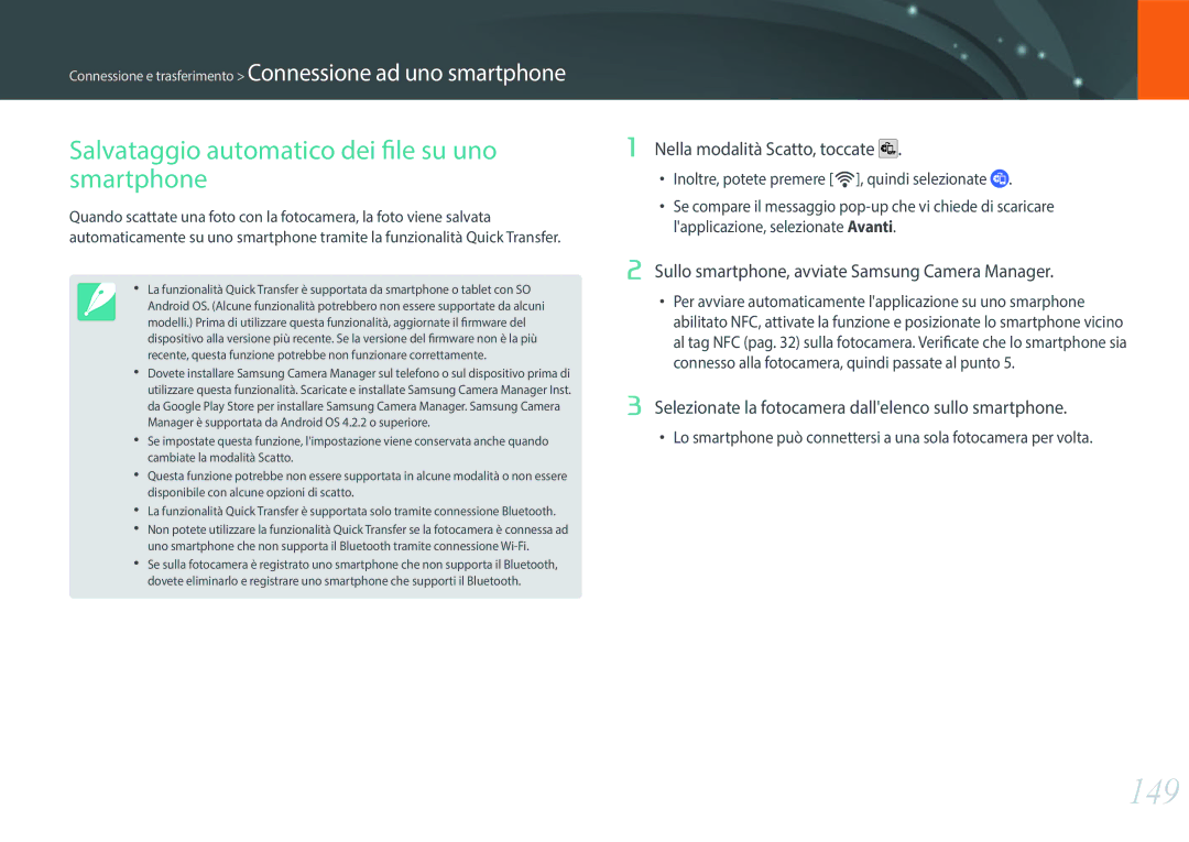 Samsung EV-NX500ZBMIIT manual 149, Salvataggio automatico dei file su uno smartphone, Nella modalità Scatto, toccate 