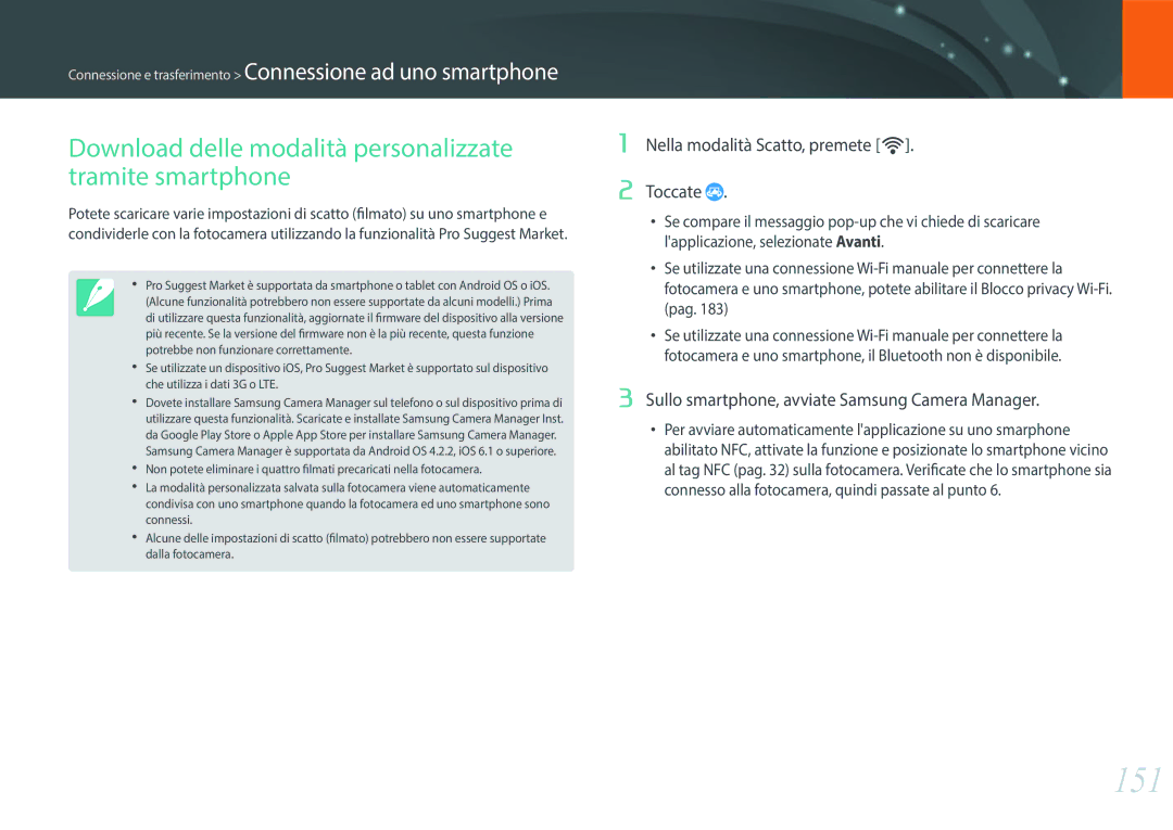 Samsung EV-NX500ZBMIIT manual 151, Download delle modalità personalizzate tramite smartphone 