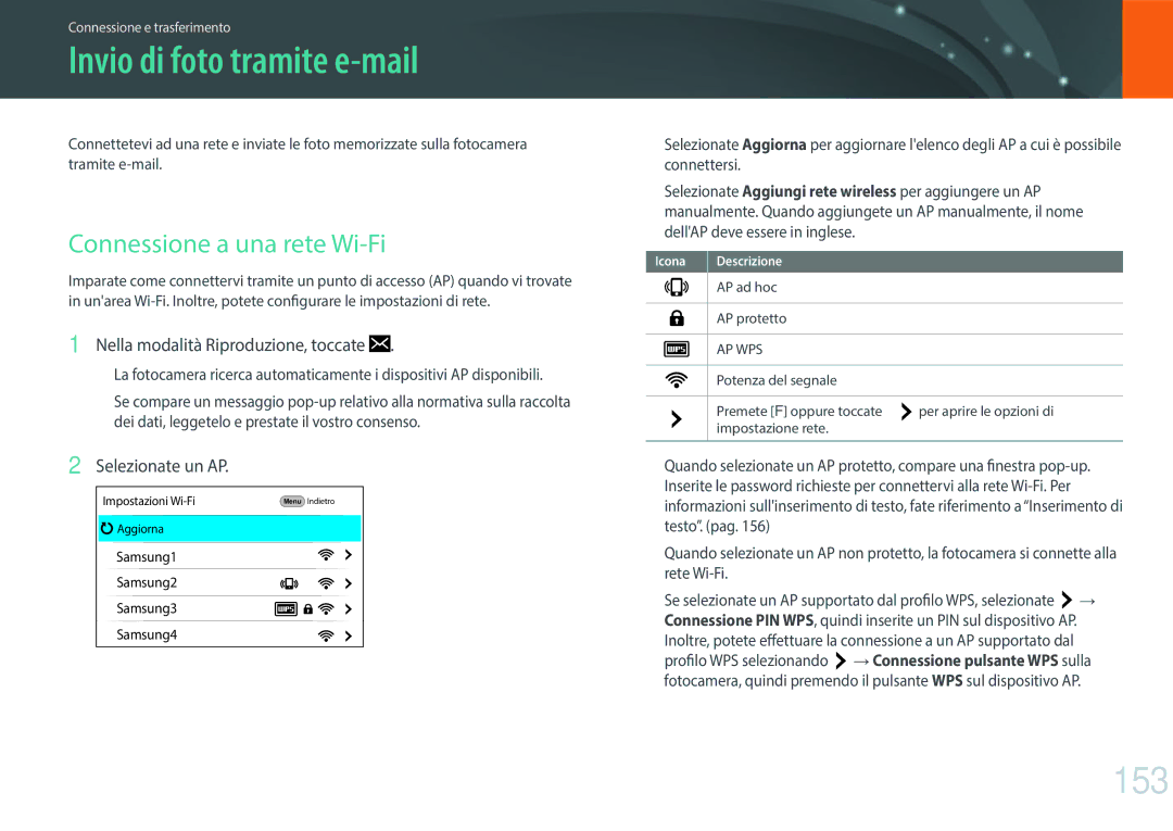 Samsung EV-NX500ZBMIIT manual Invio di foto tramite e-mail, 153, Connessione a una rete Wi-Fi, Selezionate un AP 