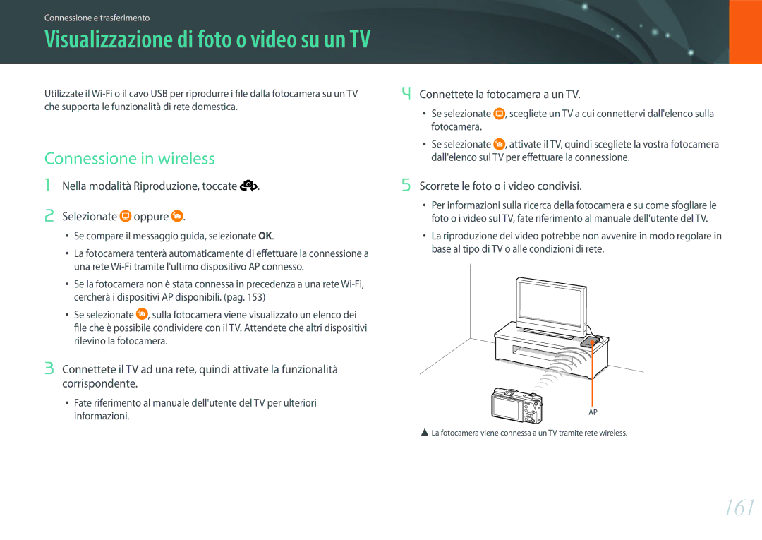 Samsung EV-NX500ZBMIIT manual 161, Connessione in wireless, Selezionate oppure, Connettete la fotocamera a un TV 