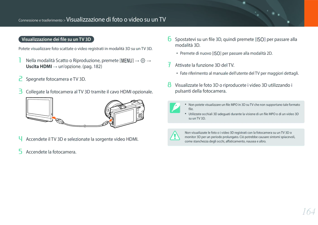 Samsung EV-NX500ZBMIIT manual 164, Visualizzazione dei file su un TV 3D, Spegnete fotocamera e TV 3D 