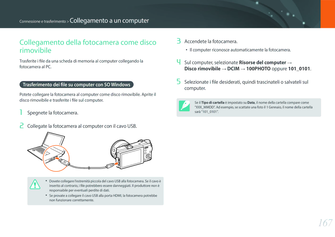 Samsung EV-NX500ZBMIIT manual 167, Collegamento della fotocamera come disco rimovibile 