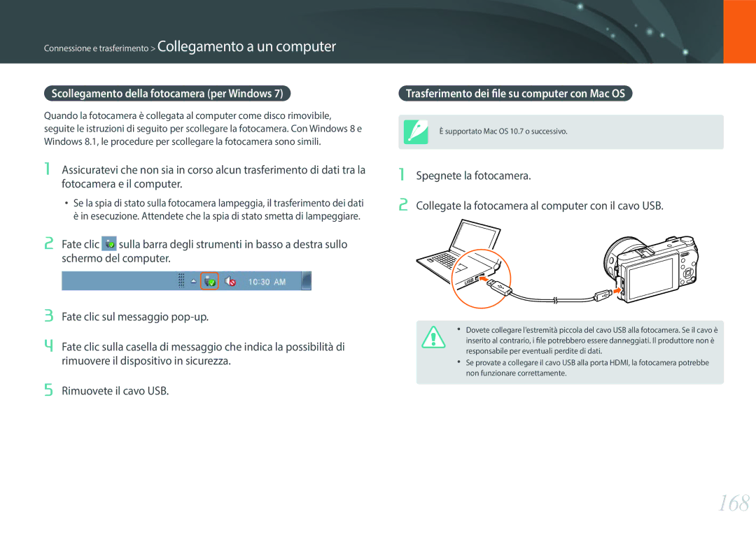 Samsung EV-NX500ZBMIIT 168, Scollegamento della fotocamera per Windows, Trasferimento dei file su computer con Mac OS 