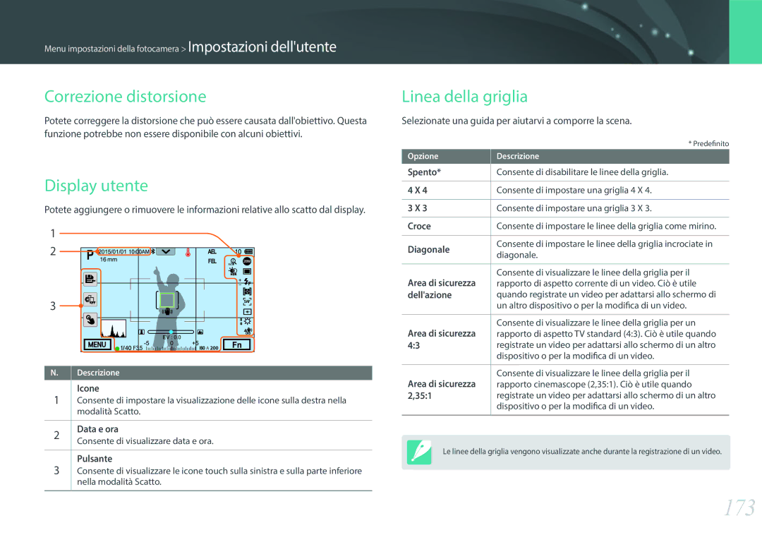 Samsung EV-NX500ZBMIIT manual 173, Correzione distorsione, Display utente, Linea della griglia 