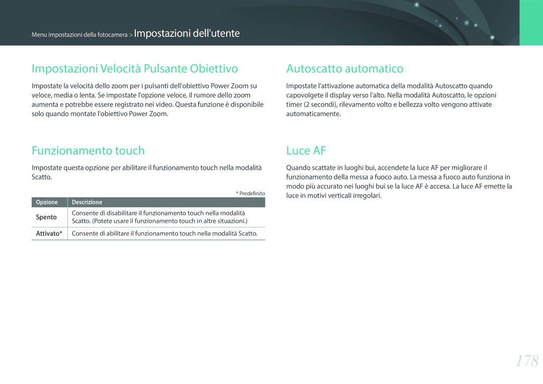 Samsung EV-NX500ZBMIIT 178, Impostazioni Velocità Pulsante Obiettivo, Autoscatto automatico, Funzionamento touch, Luce AF 