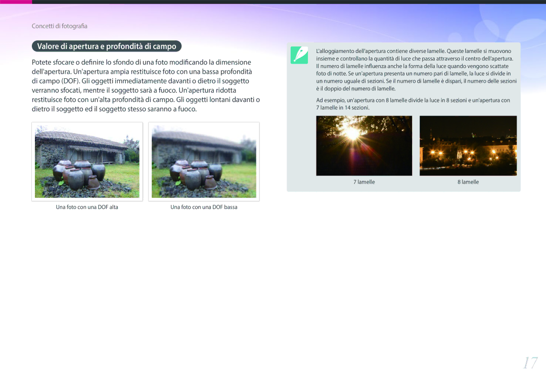 Samsung EV-NX500ZBMIIT manual Valore di apertura e profondità di campo 