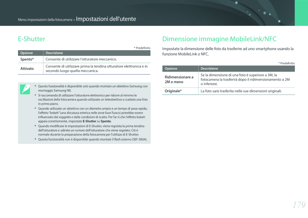 Samsung EV-NX500ZBMIIT manual 179, Shutter Dimensione immagine MobileLink/NFC, Spento Attivato, 2M o meno, Ridimensionare a 