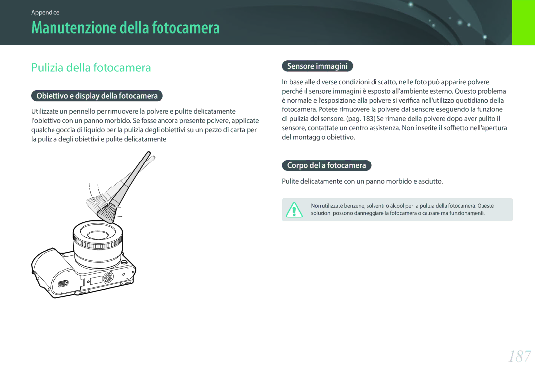 Samsung EV-NX500ZBMIIT manual 187, Pulizia della fotocamera, Obiettivo e display della fotocamera, Sensore immagini 