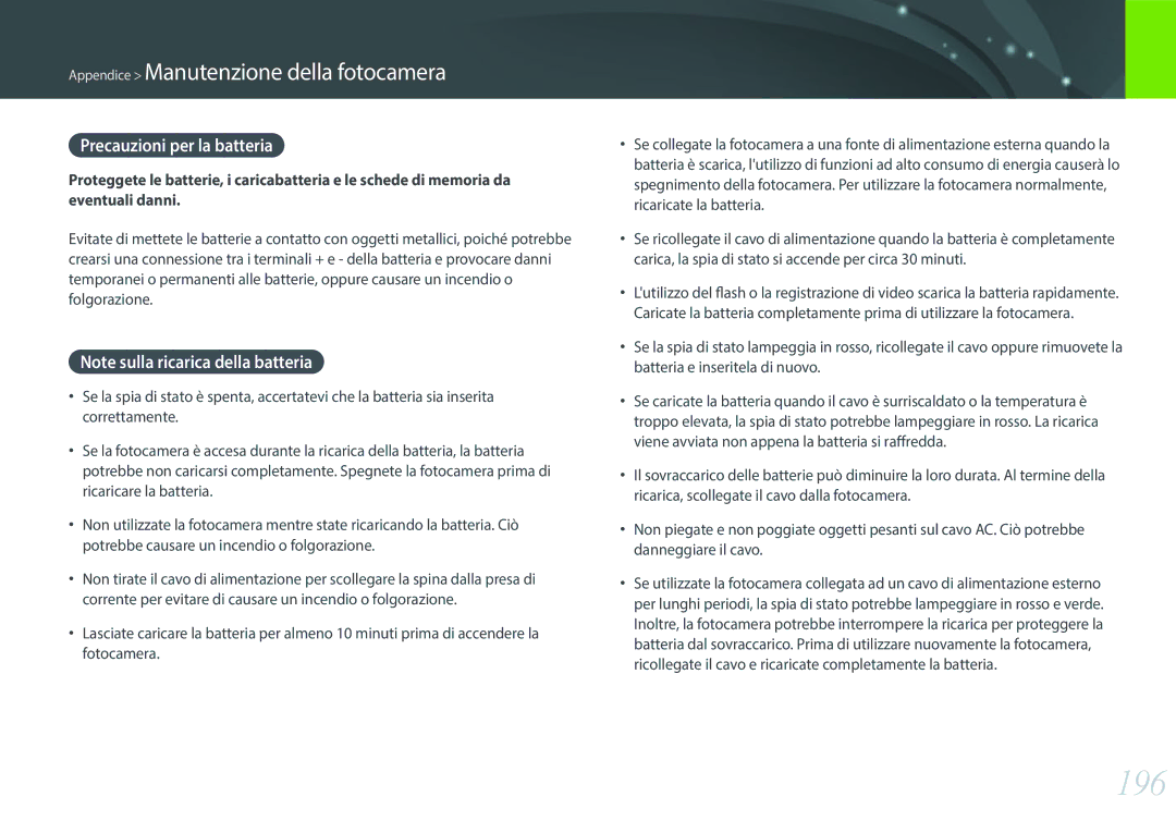 Samsung EV-NX500ZBMIIT manual 196, Precauzioni per la batteria 