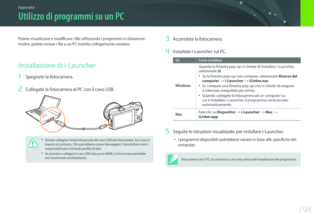 Samsung EV-NX500ZBMIIT manual 198, Installazione di i-Launcher, Accendete la fotocamera Installate i-Launcher sul PC 