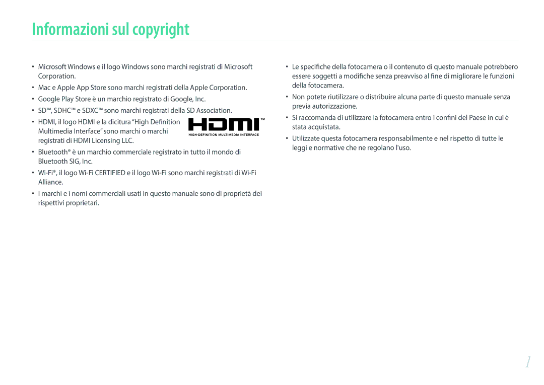 Samsung EV-NX500ZBMIIT manual Informazioni sul copyright 