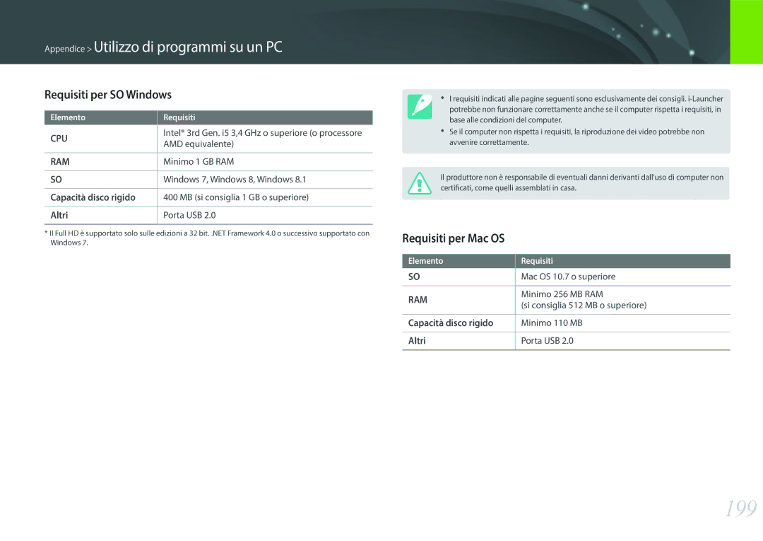 Samsung EV-NX500ZBMIIT manual 199, Requisiti per SO Windows, Requisiti per Mac OS, Capacità disco rigido, Altri 
