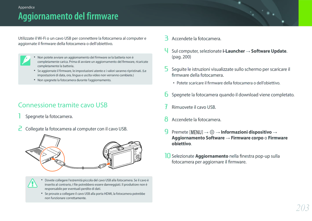 Samsung EV-NX500ZBMIIT manual Aggiornamento del firmware, 203, Connessione tramite cavo USB 