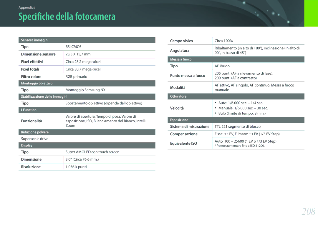 Samsung EV-NX500ZBMIIT manual Specifiche della fotocamera, 208 