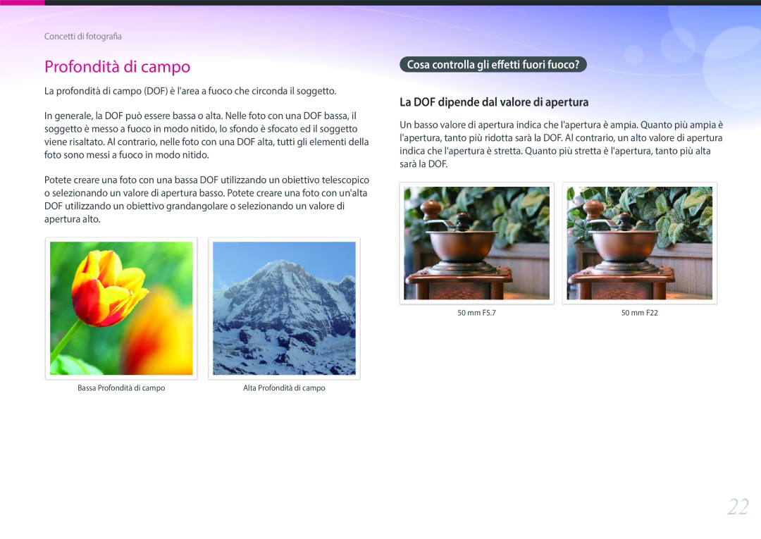 Samsung EV-NX500ZBMIIT manual La DOF dipende dal valore di apertura, Cosa controlla gli effetti fuori fuoco? 