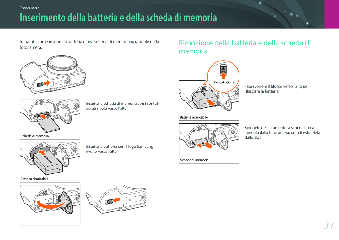 Samsung EV-NX500ZBMIIT manual Inserimento della batteria e della scheda di memoria 