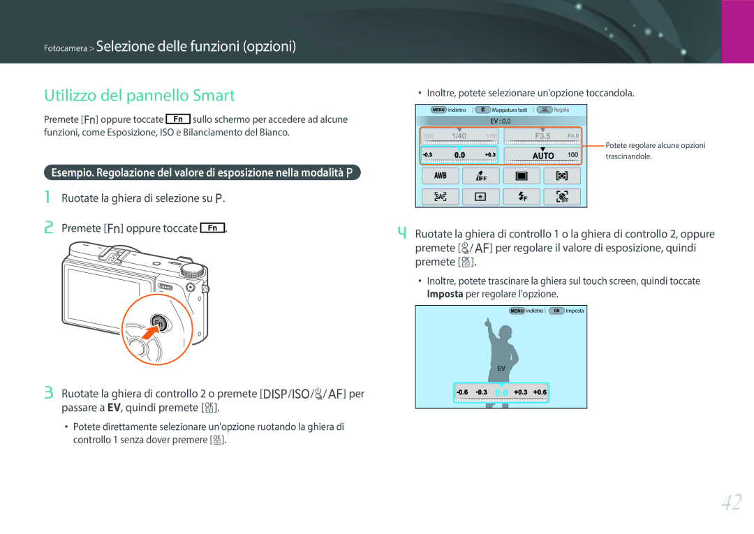 Samsung EV-NX500ZBMIIT manual Utilizzo del pannello Smart, Ruotate la ghiera di selezione su P, Premete f oppure toccate 