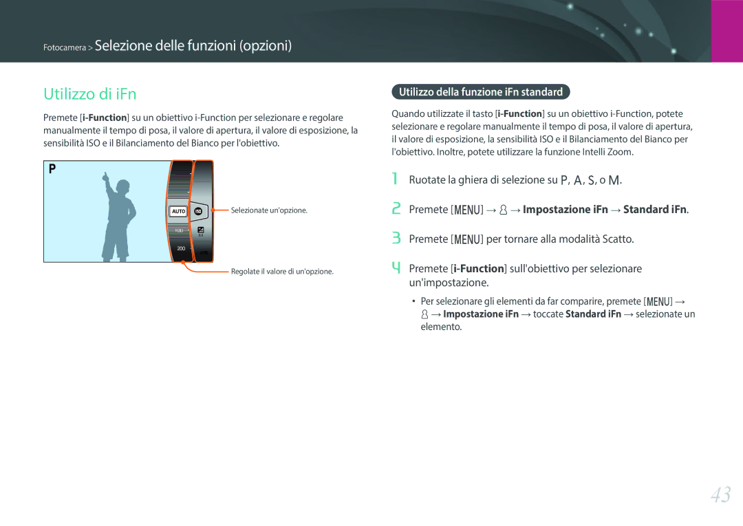 Samsung EV-NX500ZBMIIT Utilizzo di iFn, Utilizzo della funzione iFn standard, Premete m d Impostazione iFn Standard iFn 