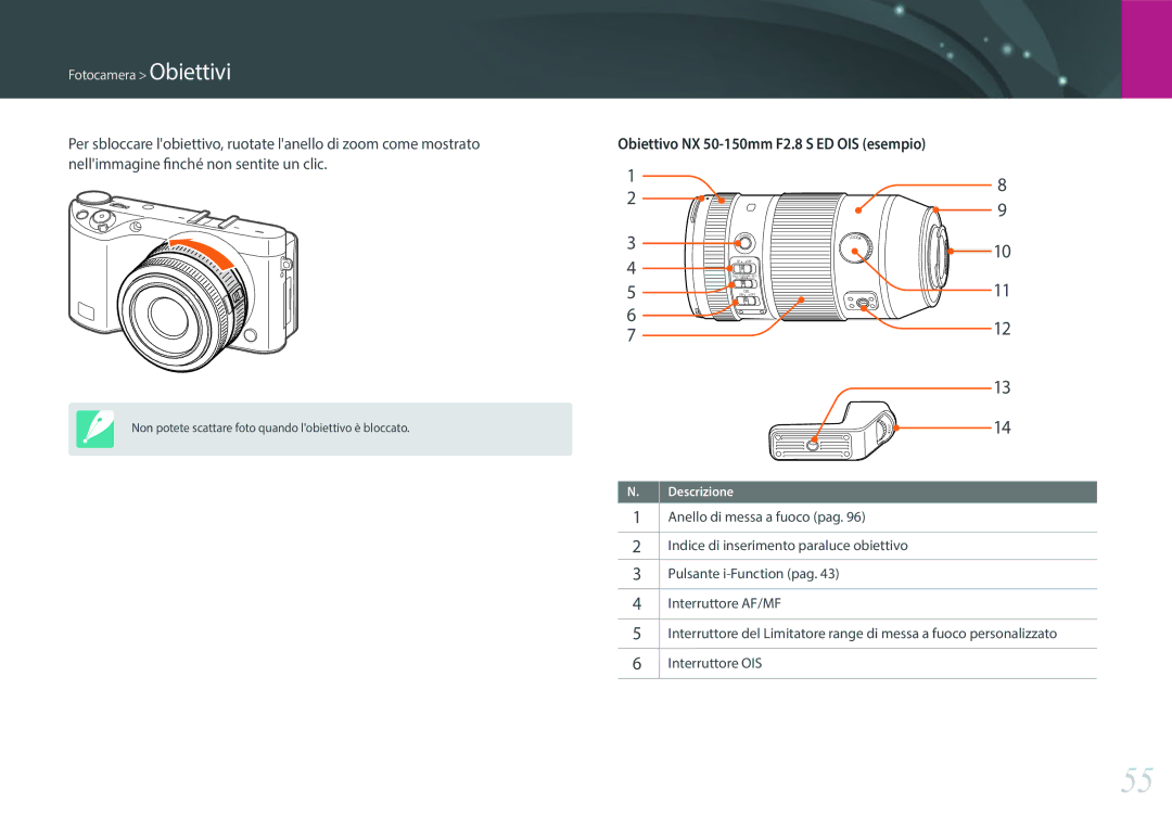 Samsung EV-NX500ZBMIIT manual Obiettivo NX 50-150mm F2.8 S ED OIS esempio 