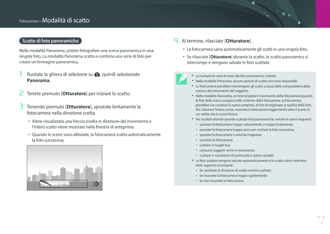 Samsung EV-NX500ZBMIIT manual Scatto di foto panoramiche, Panorama, Tenete premuto Otturatore per iniziare lo scatto 