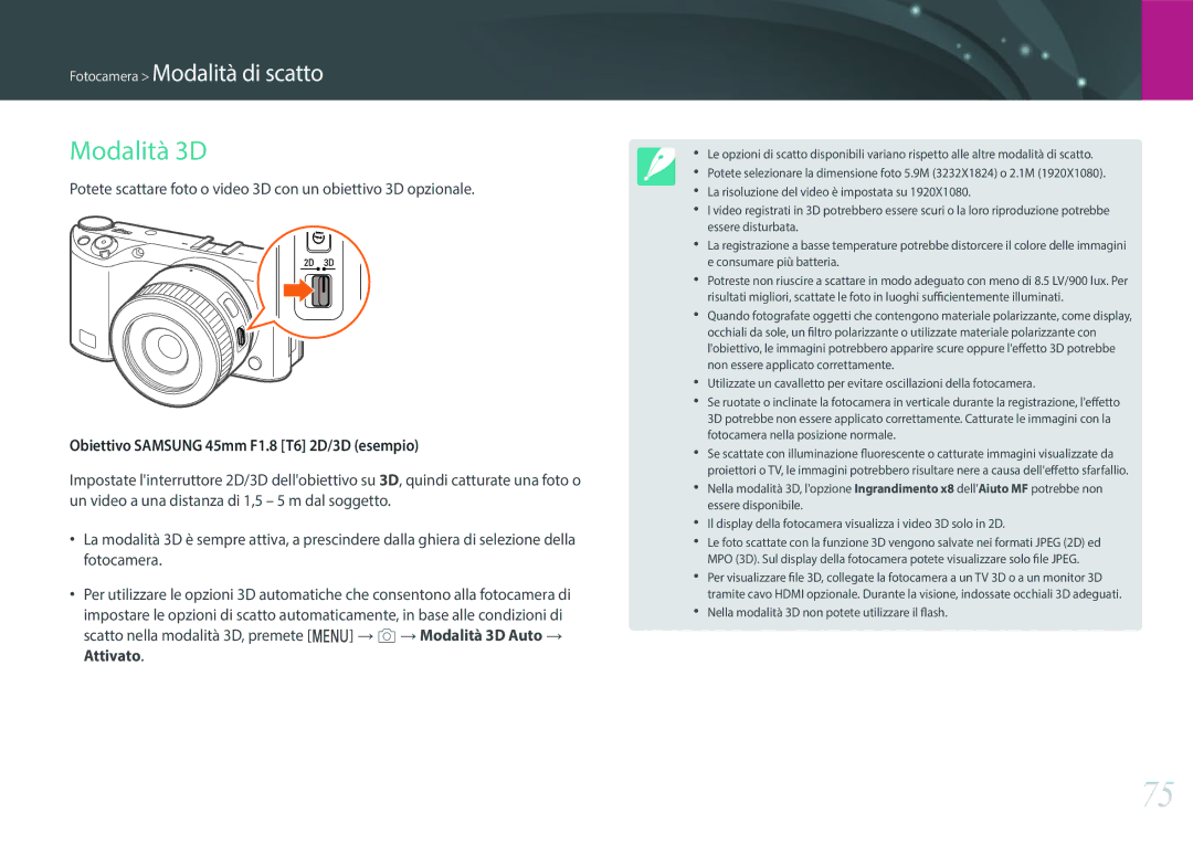 Samsung EV-NX500ZBMIIT manual Modalità 3D, Obiettivo Samsung 45mm F1.8 T6 2D/3D esempio 
