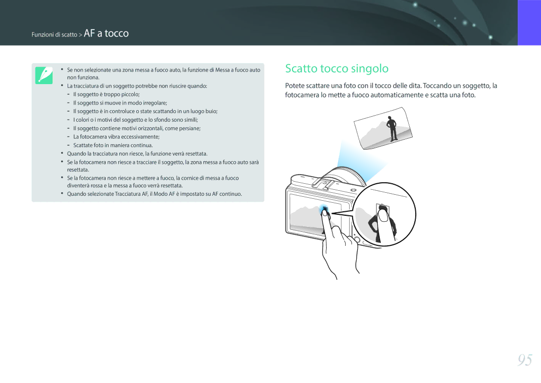 Samsung EV-NX500ZBMIIT manual Scatto tocco singolo, Funzioni di scatto AF a tocco 